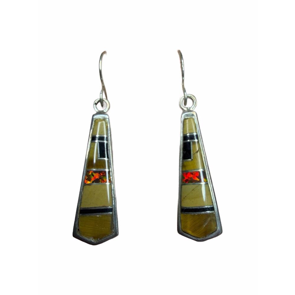 Multicolor Sterling Silver Southwestern Hook Dangle Earrings Opal, Tiger Eye